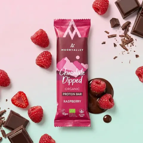 Proteinbar med sjokolade og bringebær Moonvalley Protein Raspberry 50 g
